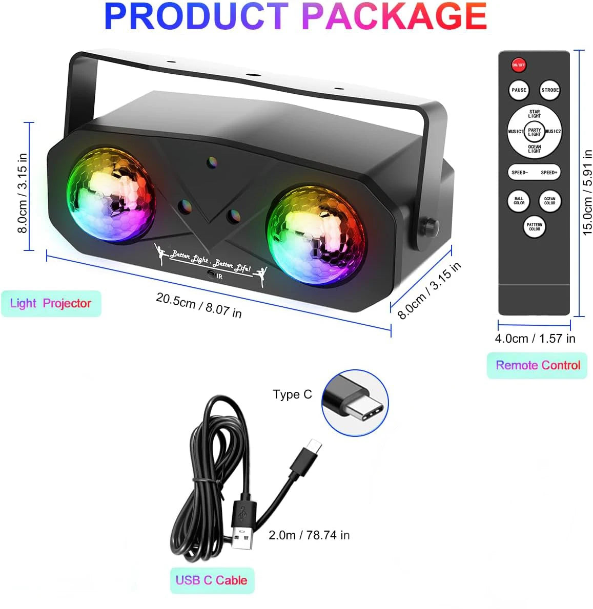 Party light disco ball with sound-activated laser projector and remote control, creating vibrant light patterns in a party setting.