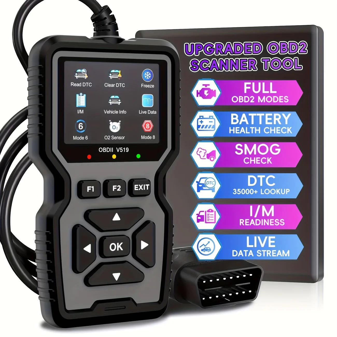 V519 OBD2 Scanner - Handheld Vehicle Inspection and Fault Diagnostic Tester with Live Data, Battery Test