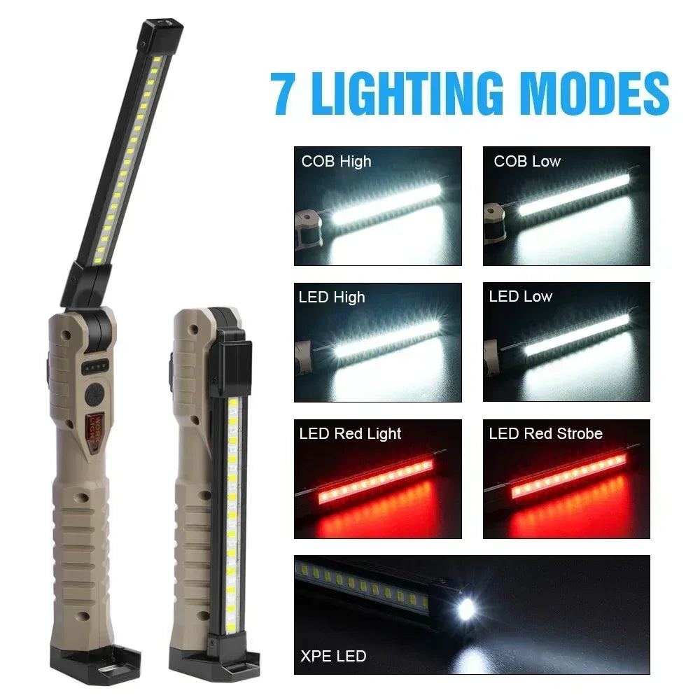 Folding COB XPE LED Work Light USB Rechargeable Portable Flashlight Magnetic Base Hook Car Repair Emergency Inspection Red SOS