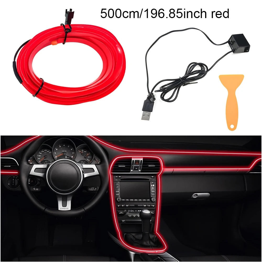 5M Car Interior LED Strip Light EL Wire Neon Ambient Lighting USB Flexible Decoration DIY Auto Party Atmosphere Lamp Diode