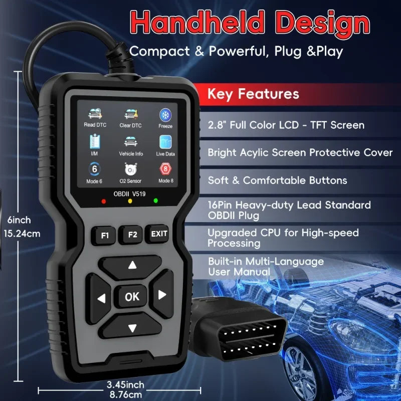 V519 OBD2 Scanner - Handheld Vehicle Inspection and Fault Diagnostic Tester with Live Data, Battery Test