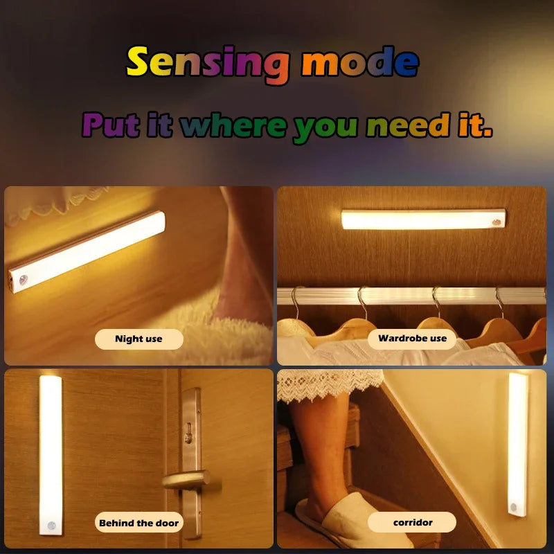 USB Rechargeable Motion Sensor LED Cabinet Light for Kitchen Bedroom Wardrobe Induction Wireless Night Lamp for Corridor Stairs