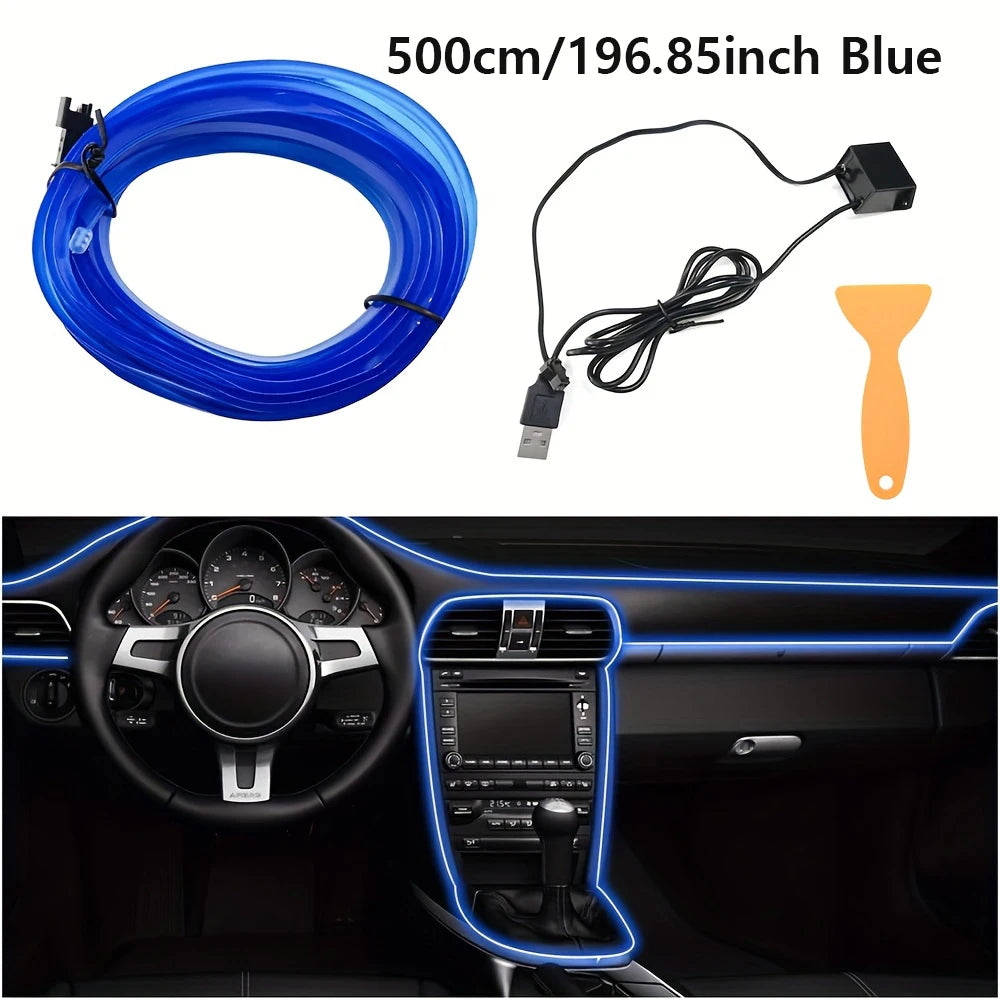 5M Car Interior LED Strip Light EL Wire Neon Ambient Lighting USB Flexible Decoration DIY Auto Party Atmosphere Lamp Diode