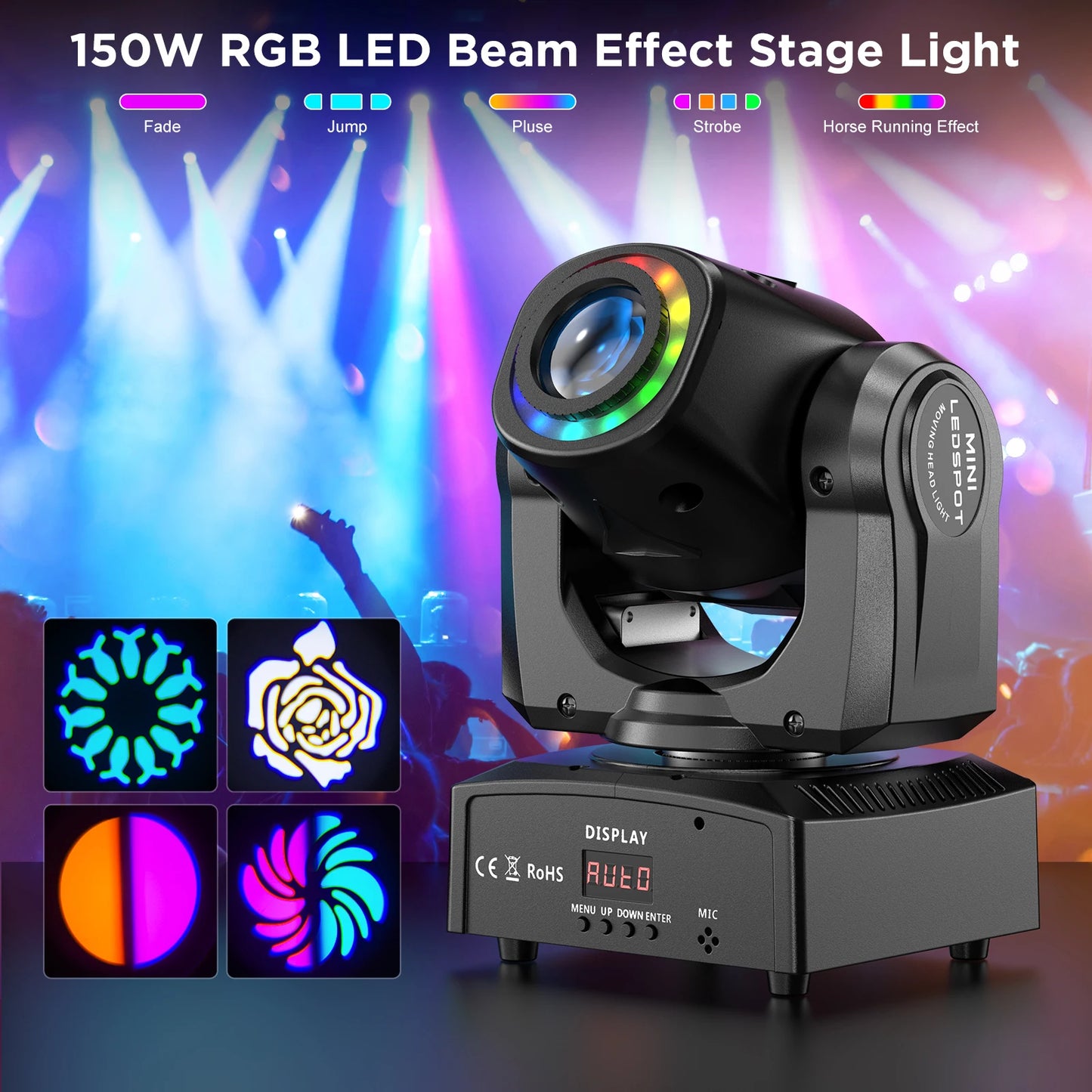 LeLeght 150W LED Beam Pattern Moving Head Stage Effect Lighting 8 patterns DMX512 Master-Slavefor DJ Show Concert Party KTV