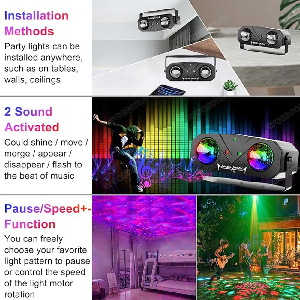 Party light disco ball showcasing installation methods, sound activation features, and pause/speed function for customizable light shows.