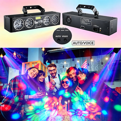 LED DJ party light with RGB beam, laser, and strobe effects for all-in-one stage lighting.
