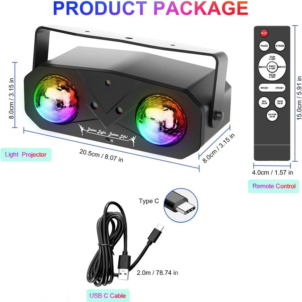 Party light disco ball with sound-activated laser projector and remote control, creating vibrant light patterns in a party setting.