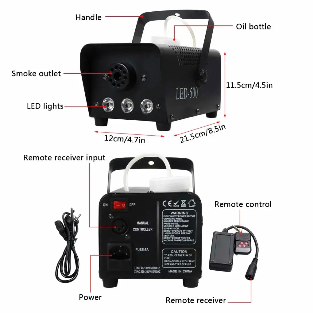 Portable 500W Fog Smoke Machine & RGB LED Lights Disinfection Stage Disco DJ Home Party Show Atmosphere Effect Fogger Machine