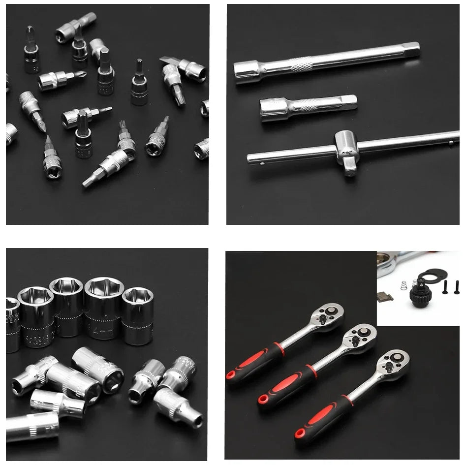 46Pcs 1/4" Drive Socket Wrench Set, Heavy Duty Carbon Steel Spanner Screwdriver Kit for Car Motorcycle Household Repair