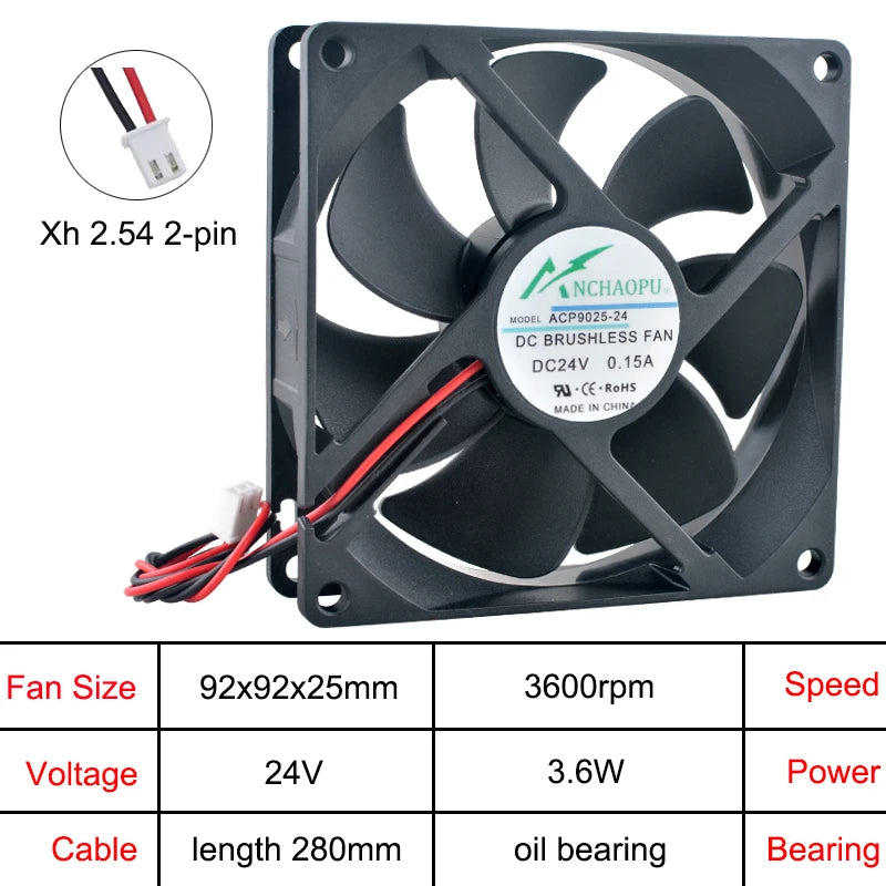 ACP9025 92x92x25mm Axial Cooling Fan DC5V/12V/24V 2Pin for Chassis Power Supply Inverter Cooling High Airflow Quiet Operation