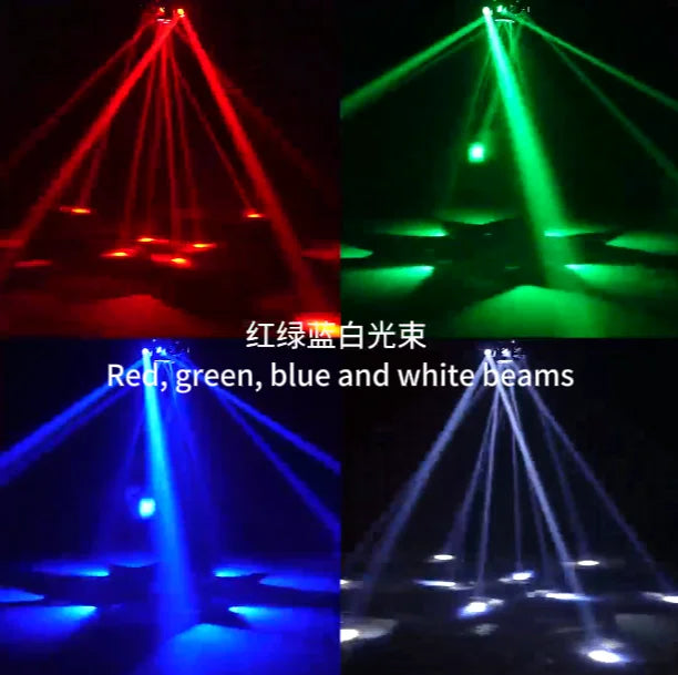 Four beams of red, green, blue, and white light from a 160W moving head stage light DMX512.
