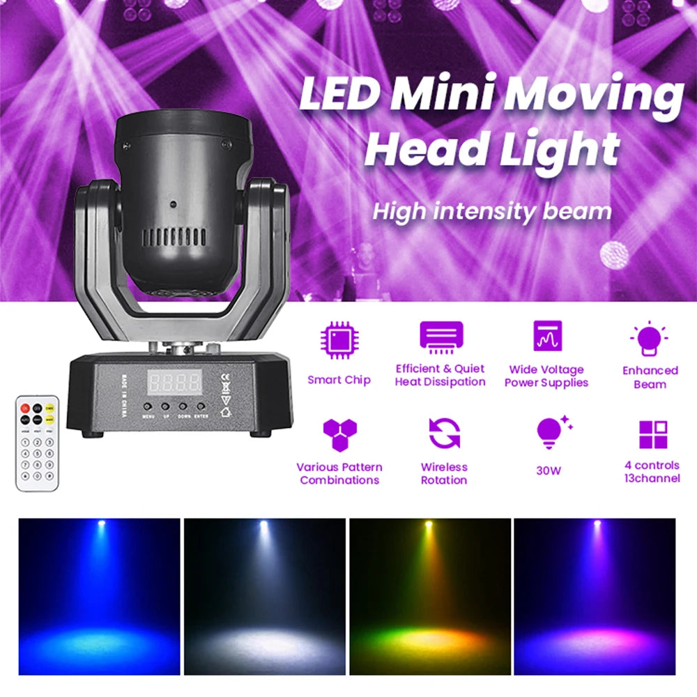 30W Moving Head Disco Lights Remote Control RGBW DMX512 Rotating Mini LED Beam Mobile Strobe Party Stage Lighting For Event Club