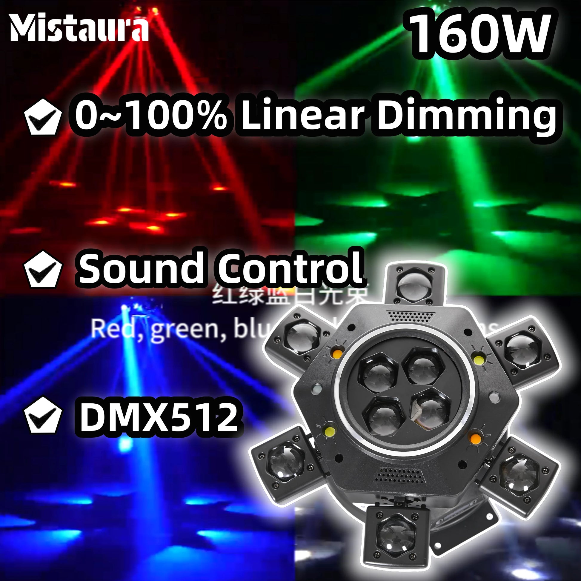 160W moving head stage light DMX512 featuring linear dimming, sound control, and multiple color effects.