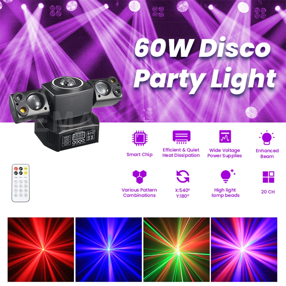 60W Mini Beam 2-Arm Disco Party Light Mobile Head Remote Control RGBW Stage Effect DMX512 DJ Moving Head For Events Club Xmas