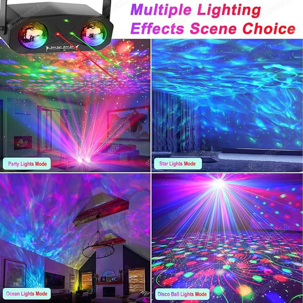 Multiple lighting effects from the Party Light Disco Ball projector showcasing Party, Star, Ocean, and Disco Ball modes.