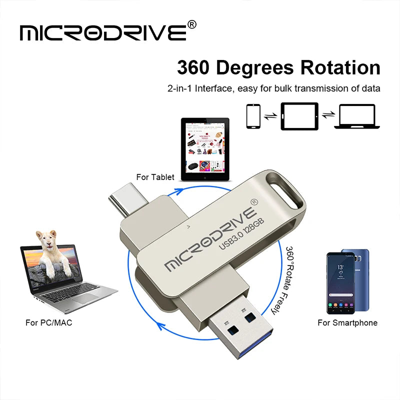2 in 1 OTG USB-C Flash Pen Drive Metal Memory Stick Usb 3.0 flash Disk 64GB 128GB 256G USB3.0 Dual C Pendrive