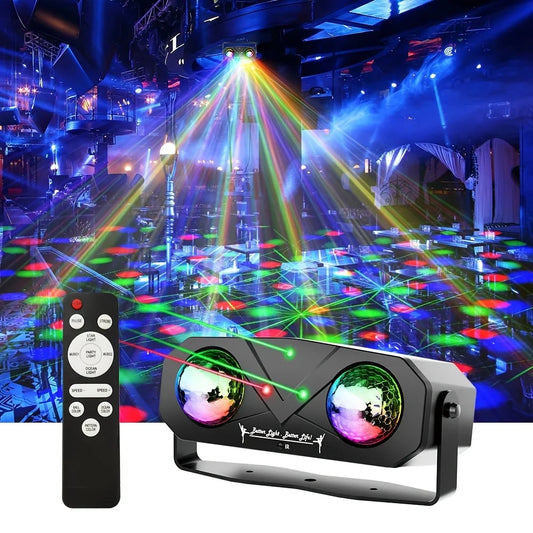 Party light disco ball with sound-activated laser projector and remote control, creating vibrant light patterns in a party setting.