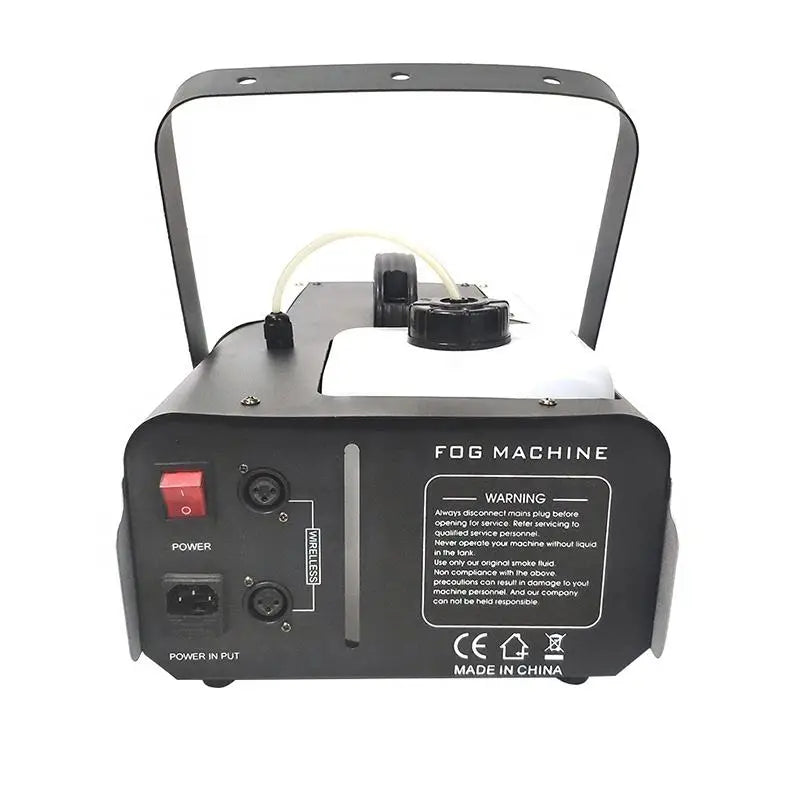 Back view of fog machine for DJ party, showing power connections and warning label, ideal for creating atmospheric effects.