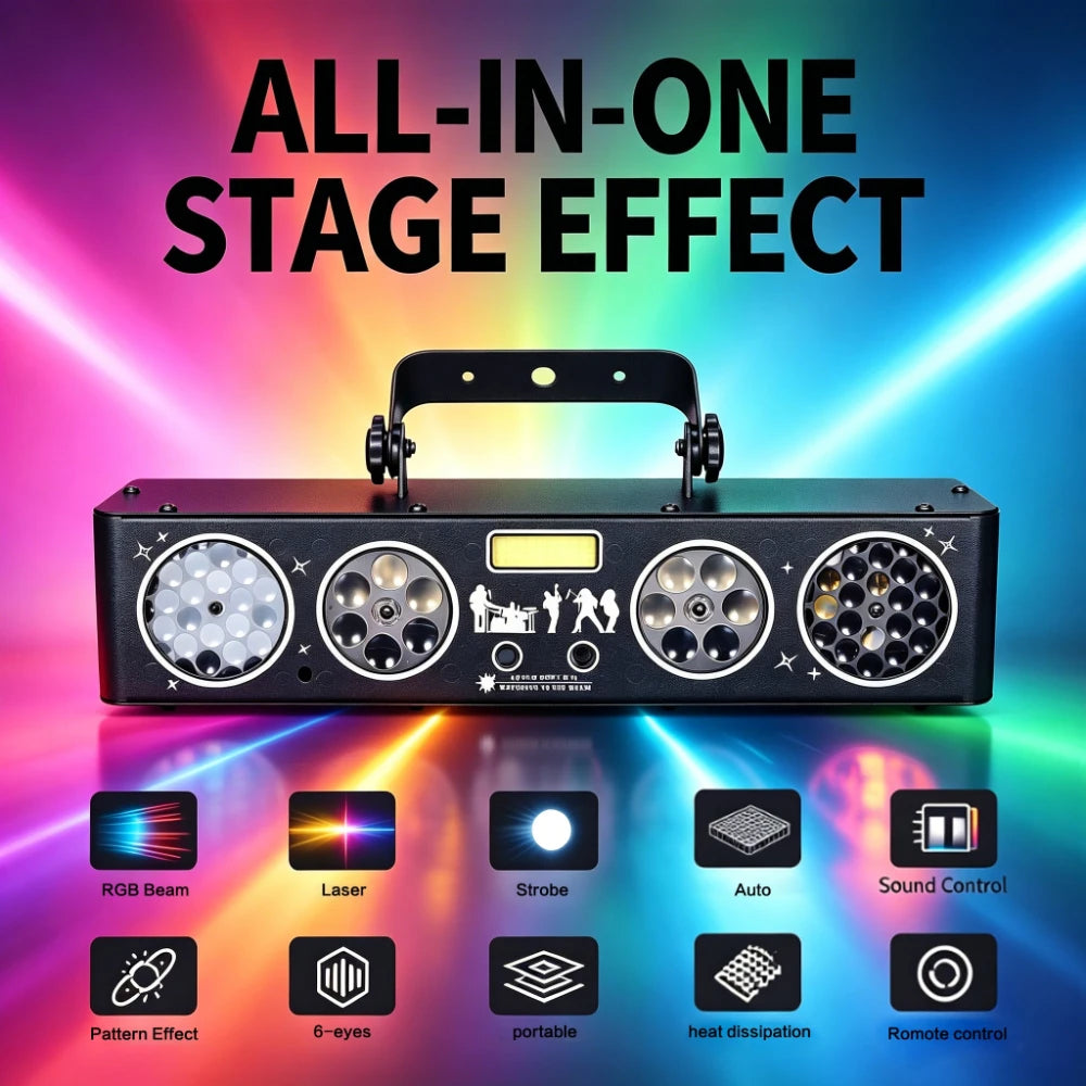 LED DJ party light with RGB beam, laser, and strobe effects for all-in-one stage lighting.