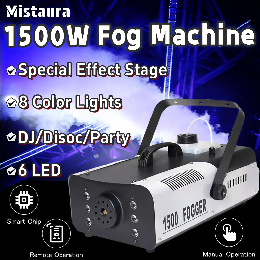 Fog machine for DJ party with 1500W power, remote control, and colorful LED lights for special effects.