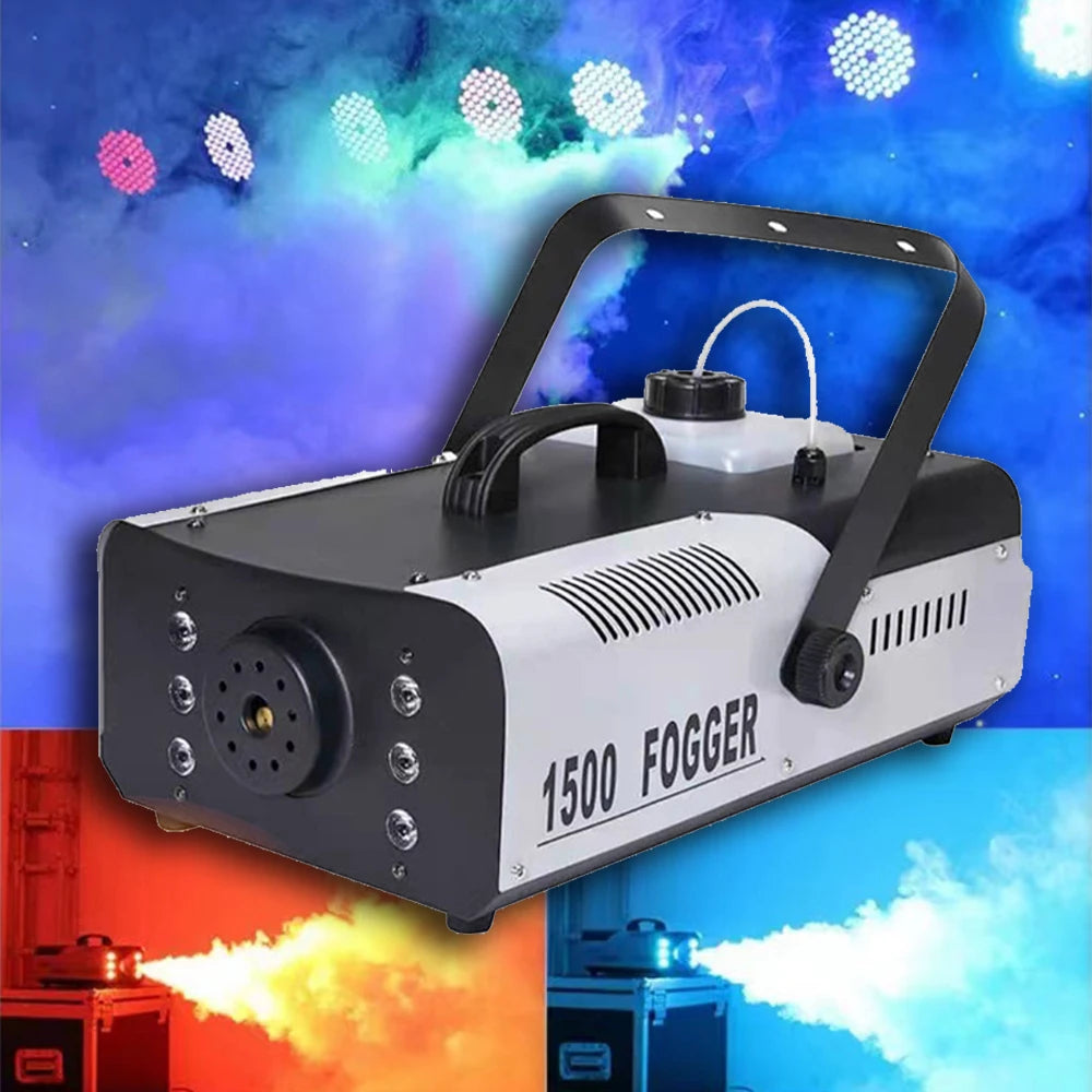 Fog machine for DJ party, 1500W fogger with vibrant colored fog effects for events and performances.
