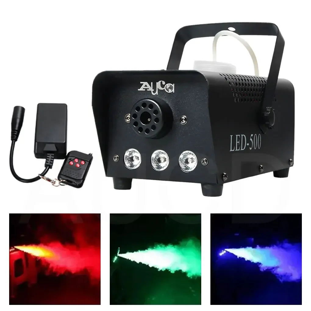 Portable fog smoke machine creating vibrant fog effects with RGB lights at a party or event.
