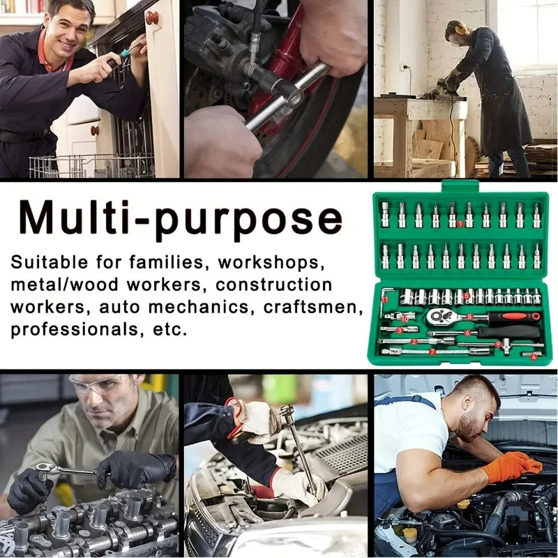 46Pcs 1/4" Drive Socket Wrench Set, Heavy Duty Carbon Steel Spanner Screwdriver Kit for Car Motorcycle Household Repair