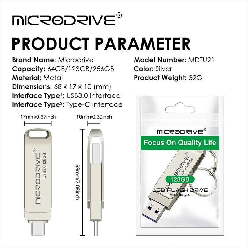 2 in 1 OTG USB-C Flash Pen Drive Metal Memory Stick Usb 3.0 flash Disk 64GB 128GB 256G USB3.0 Dual C Pendrive