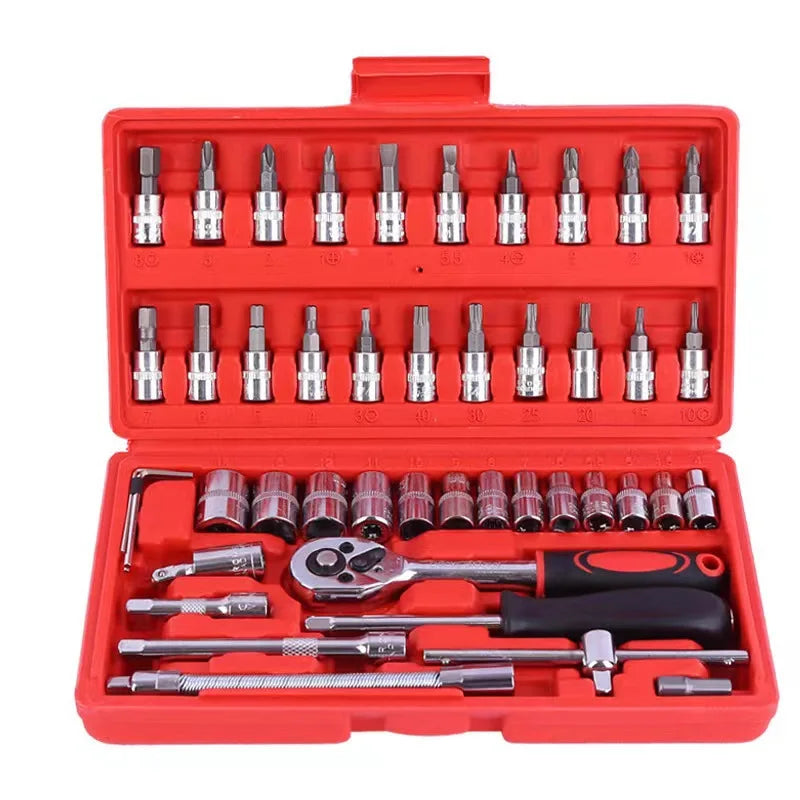 46Pcs 1/4" Drive Socket Wrench Set, Heavy Duty Carbon Steel Spanner Screwdriver Kit for Car Motorcycle Household Repair