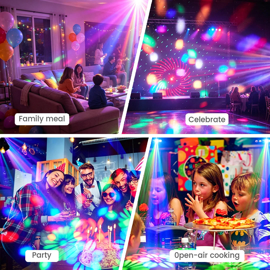 LED DJ party light with RGB beam, laser, and strobe effects for all-in-one stage lighting.