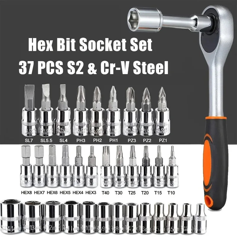 46Pcs 1/4" Drive Socket Wrench Set, Heavy Duty Carbon Steel Spanner Screwdriver Kit for Car Motorcycle Household Repair