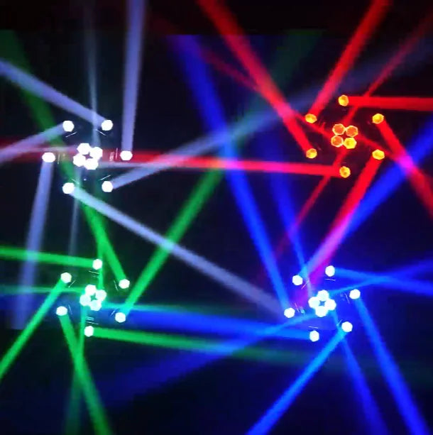 Colorful beams from 160W moving head stage light DMX512 creating a vibrant stage effect.