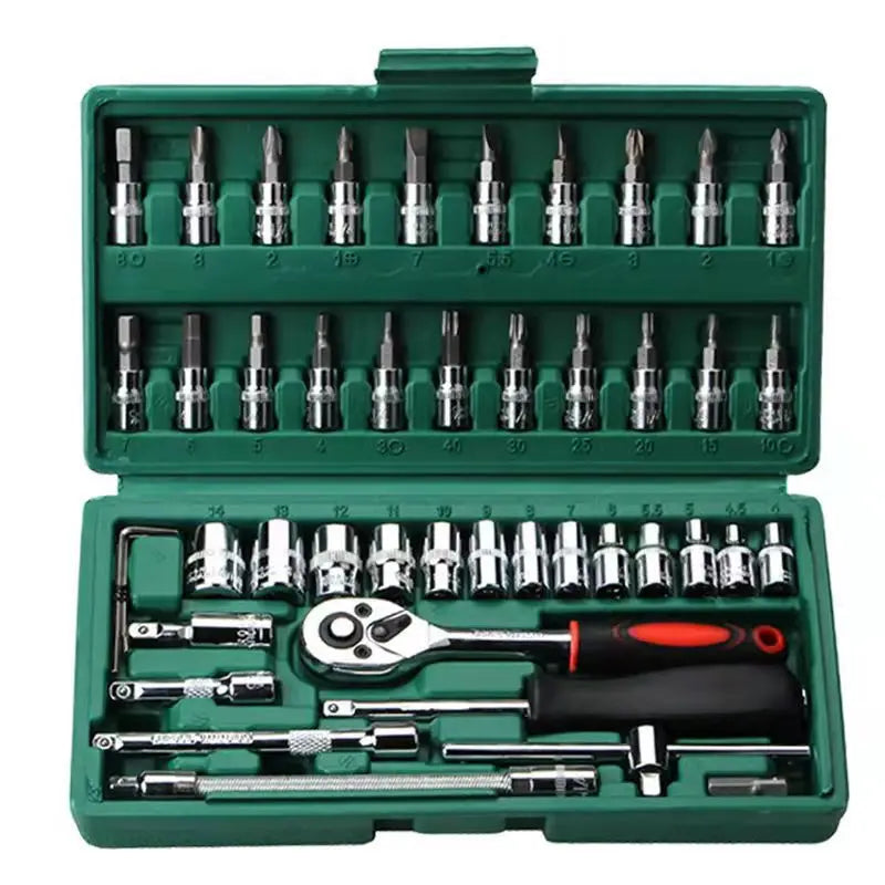 46Pcs 1/4" Drive Socket Wrench Set, Heavy Duty Carbon Steel Spanner Screwdriver Kit for Car Motorcycle Household Repair