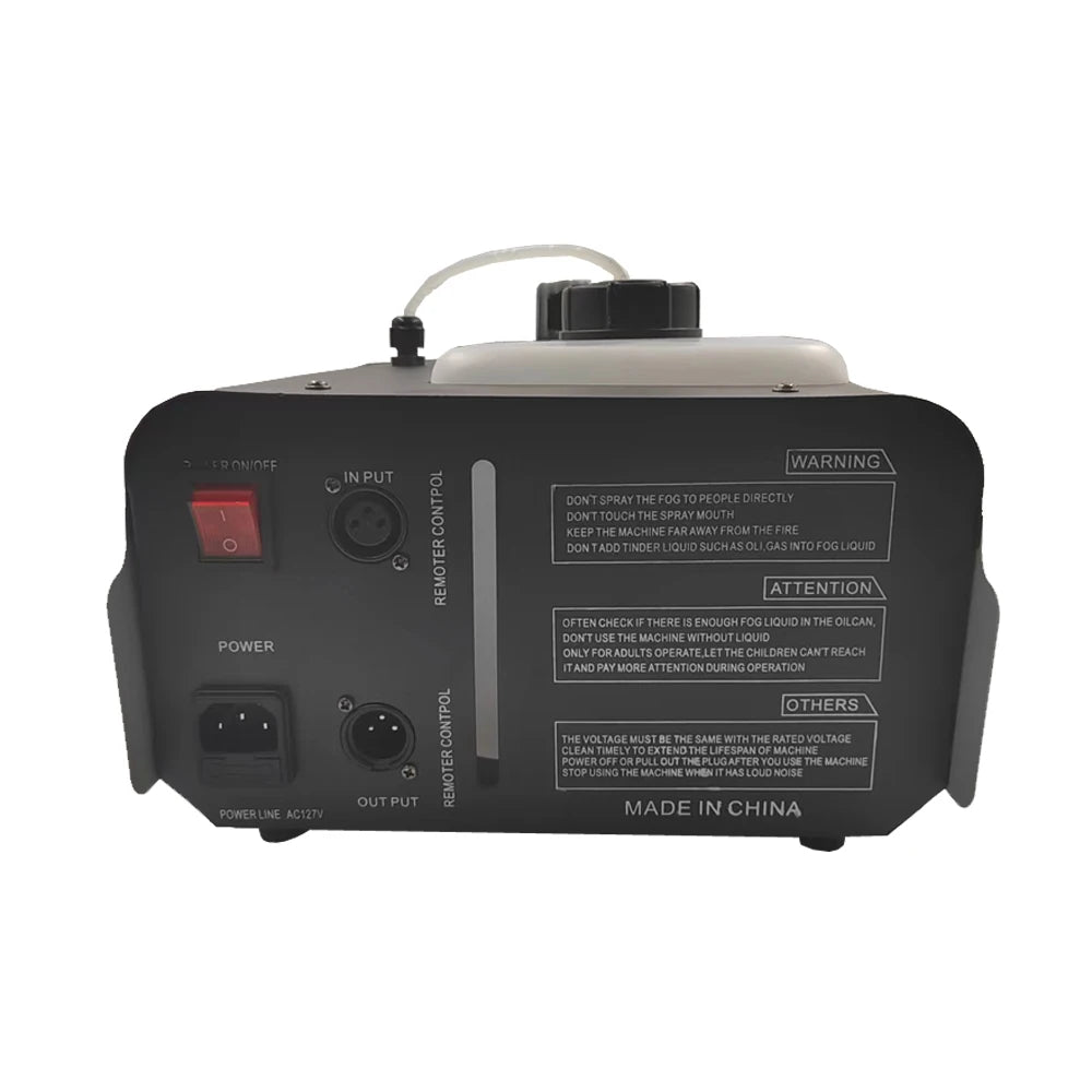 Back view of fog machine for DJ party with controls, power input, and warning labels.