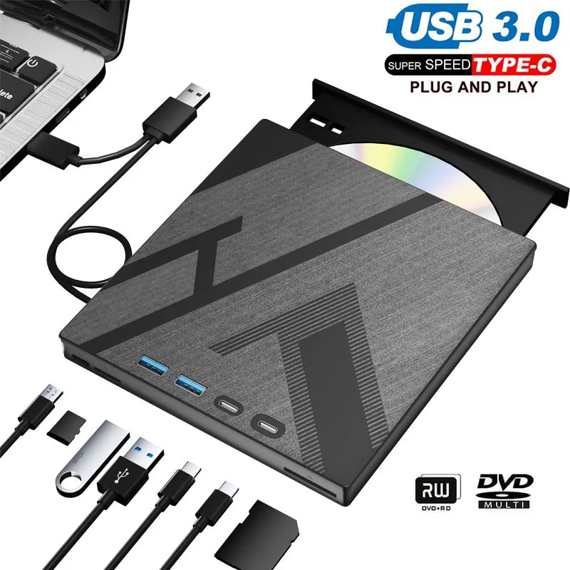 External CD DVD Drive with 4 USB Ports and TF/SD Card Slots Portable CD/DVD Disk Drive Player Burner Reader Writer for Laptop PC