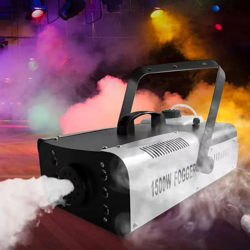 Fog machine for DJ party in action, producing thick fog with vibrant colored lights in the background.