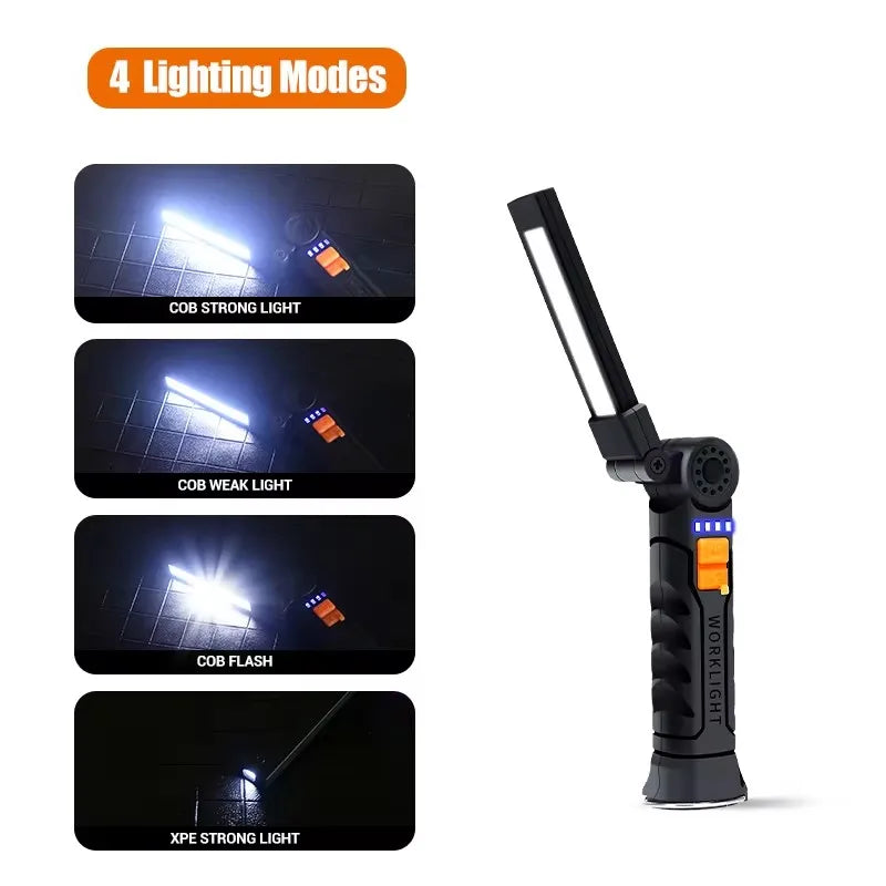 Folding COB XPE LED Work Light USB Rechargeable Portable Flashlight Magnetic Base Hook Car Repair Emergency Inspection Red SOS