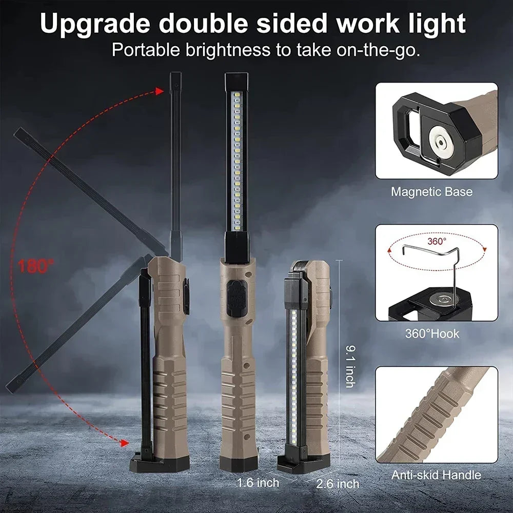 Folding COB XPE LED Work Light USB Rechargeable Portable Flashlight Magnetic Base Hook Car Repair Emergency Inspection Red SOS