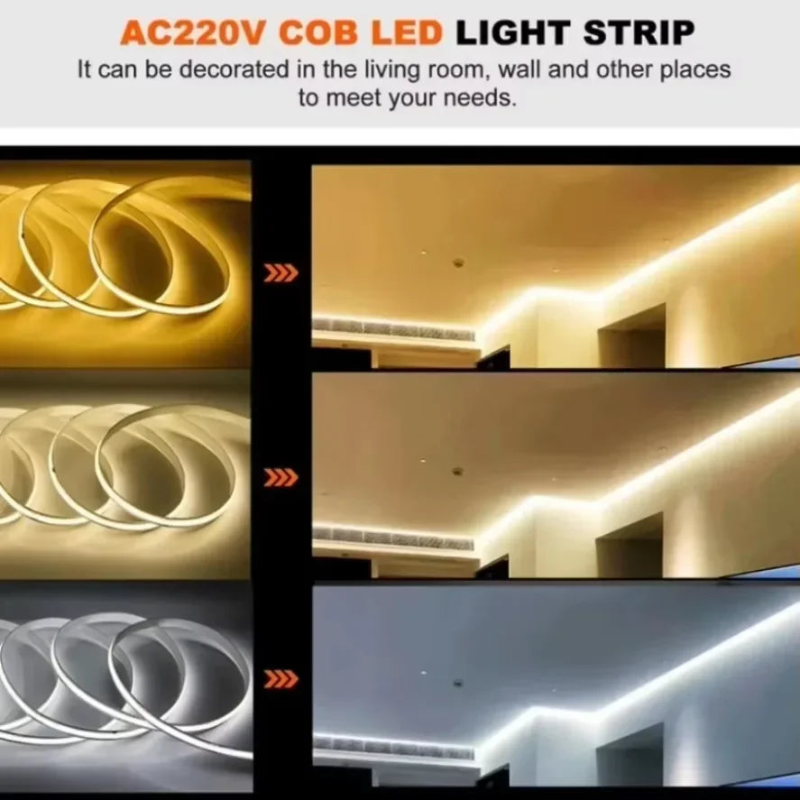 1-5m COB LED Strip 220V Flexible Tape Lights  Light Smart IC No Need Driver High Bright 240 LEDs Linear Lighting RA95 Warm White