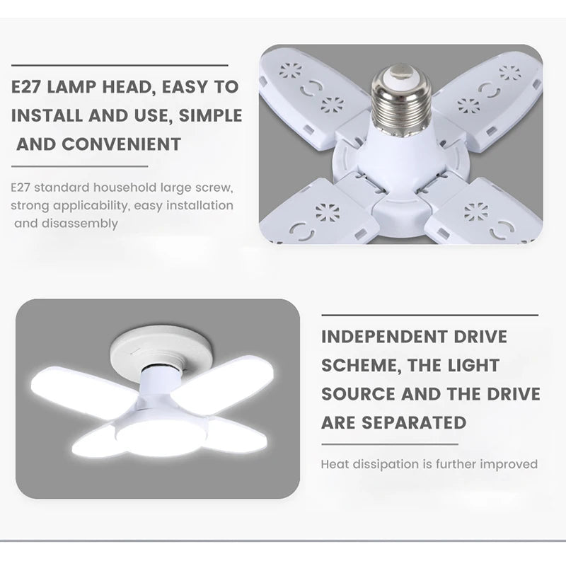 E27 Fan Shape Foldable 40LEDs Bulb AC220V/110V Deformation for Home Ceiling Lights Warehouse and Garage White Light 6500K Bulb